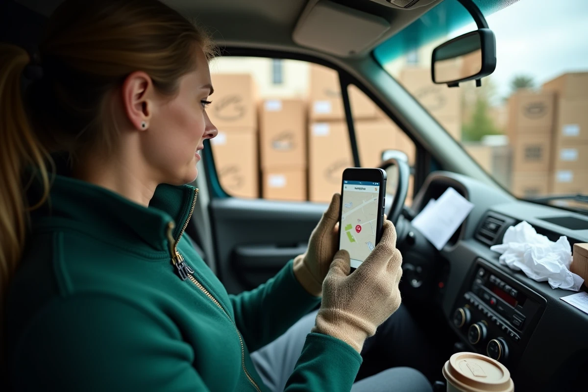 Livreuse Amazon consultant son itinéraire sur smartphone dans la cabine de son véhicule
