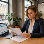 Femme professionnelle consultant des documents de location de bureau dans un espace de coworking moderne à Caen
