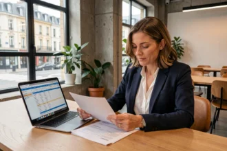 Femme professionnelle consultant des documents de location de bureau dans un espace de coworking moderne à Caen