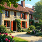 Façade d'une maison de campagne française avec murs en pierre et volets colorés