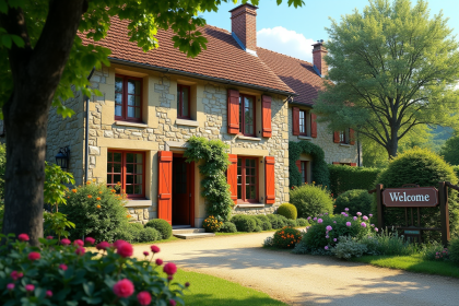 Façade d'une maison de campagne française avec murs en pierre et volets colorés
