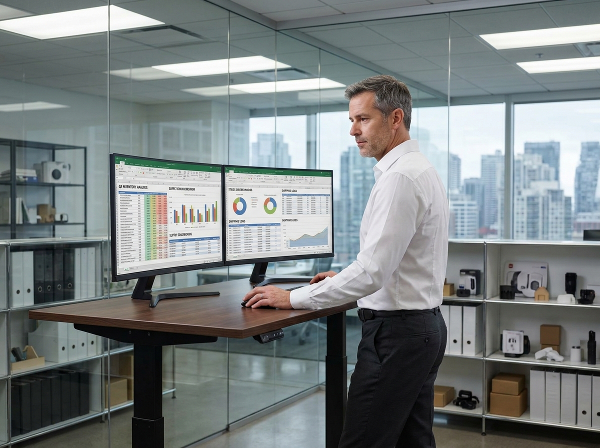 Manager d'entreprise analysant des tableaux de bord d'inventaire sur écran pour optimiser l'organisation des stocks