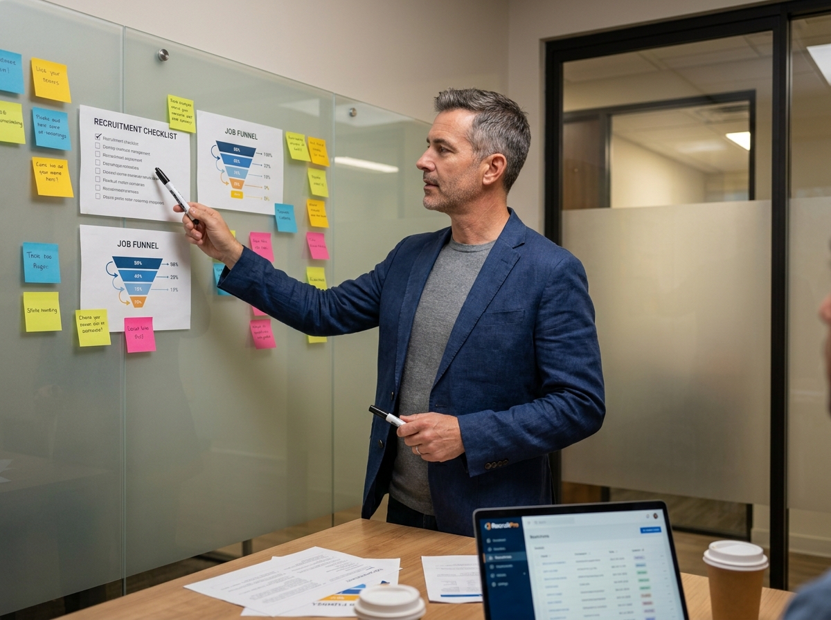 Manager RH debout devant un tableau blanc avec une checklist de vérification des outils de recrutement avant une campagne