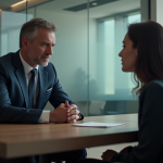 Manager en costume bleu parle à une employée dans un bureau moderne