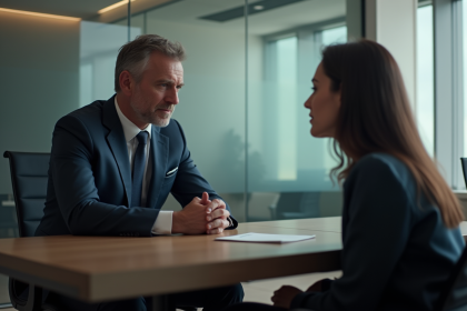 Manager en costume bleu parle à une employée dans un bureau moderne
