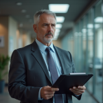 Manager en costume dans un bureau moderne observant une équipe