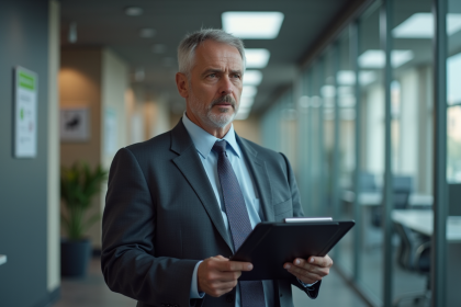 Manager en costume dans un bureau moderne observant une équipe
