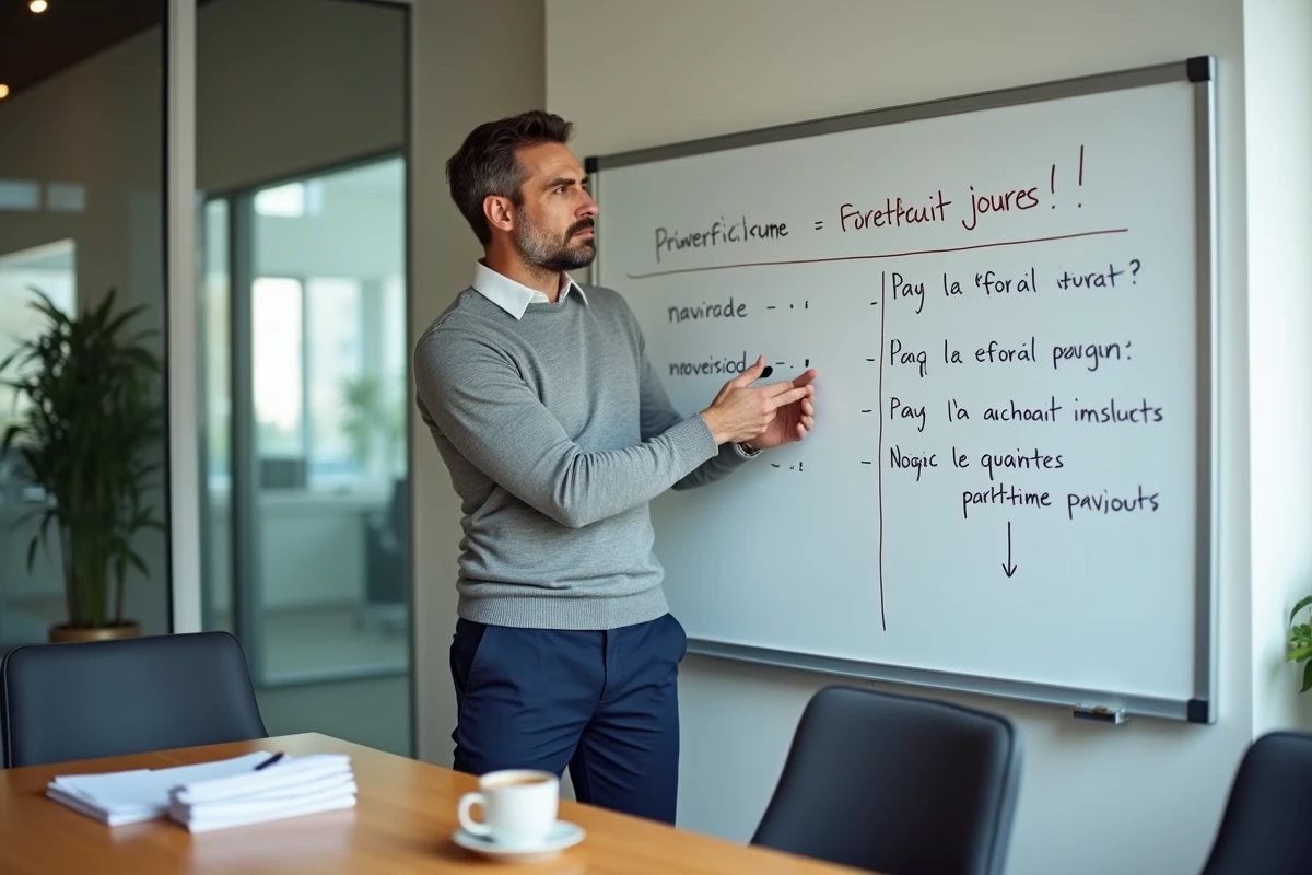 Manager présentant un tableau comparatif des régimes de temps partiel et forfait jours sur un tableau blanc dans une salle de réunion