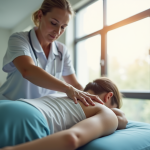 Thérapeute massant doucement l'épaule d'un patient dans une clinique lumineuse