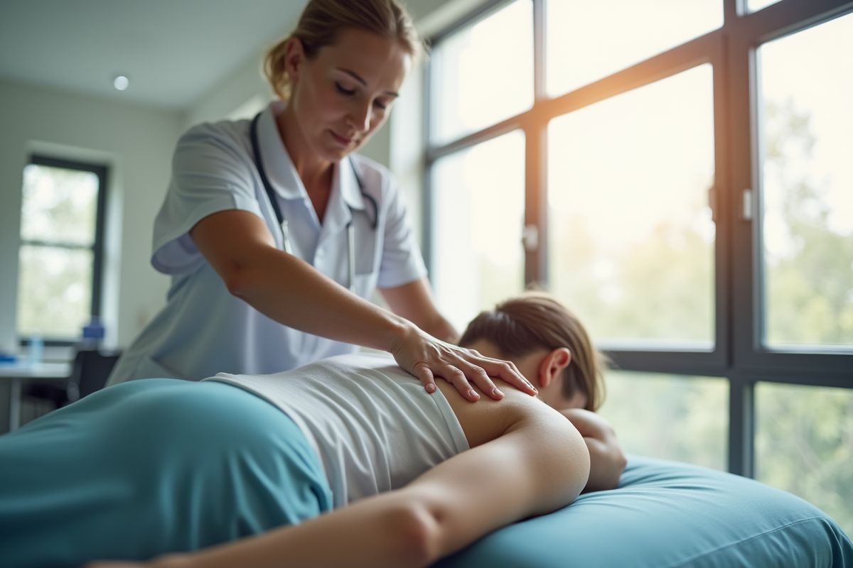 Thérapeute massant doucement l'épaule d'un patient dans une clinique lumineuse
