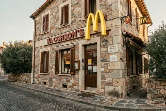 Façade d'un restaurant McDonald's en Corse avec architecture locale en pierre et végétation méditerranéenne en arrière-plan