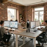 Équipe d'une agence web travaillant ensemble dans un bureau moderne en Eure-et-Loir