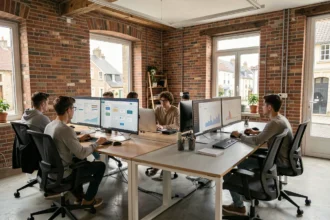 Équipe d'une agence web travaillant ensemble dans un bureau moderne en Eure-et-Loir