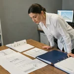 Ingénieure consultant un dossier de construction technique sur un bureau couvert de plans et de classeurs réglementaires