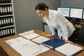 Ingénieure consultant un dossier de construction technique sur un bureau couvert de plans et de classeurs réglementaires