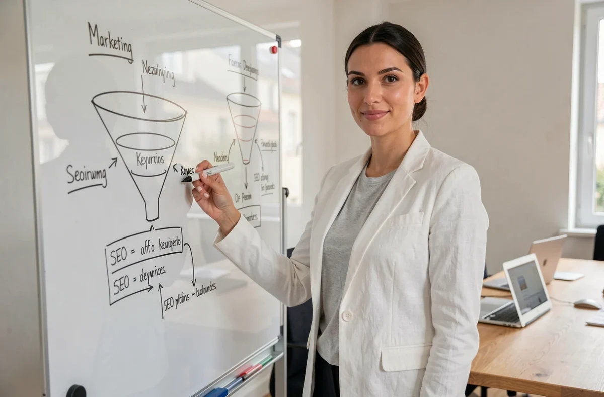 Consultante en marketing digital et web de l'agence Naskigo à Niort devant un tableau de stratégie digitale