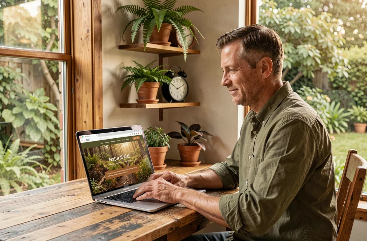 Développeur de Natural-Net créant un site web à thème naturel dans un espace de travail végétal