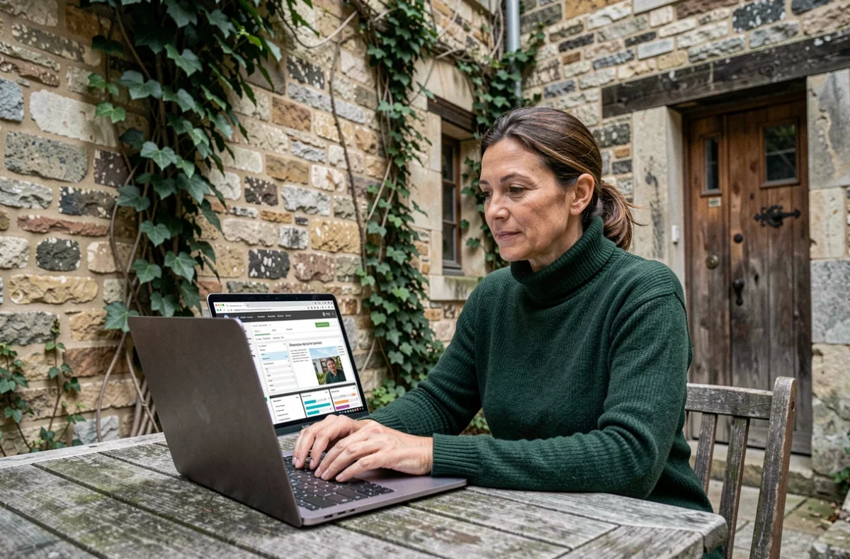 Consultante de Natural-Net travaillant sur le référencement SEO d'un site local dans une cour intérieure typique des Deux-Sèvres
