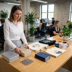 Professionnelle marketing arrangeant des objets publicitaires personnalisés sur un bureau en bois dans un open space moderne