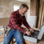 Ouvrier du bâtiment organisant ses outils dans un atelier
