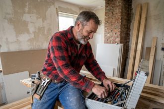 Ouvrier du bâtiment organisant ses outils dans un atelier