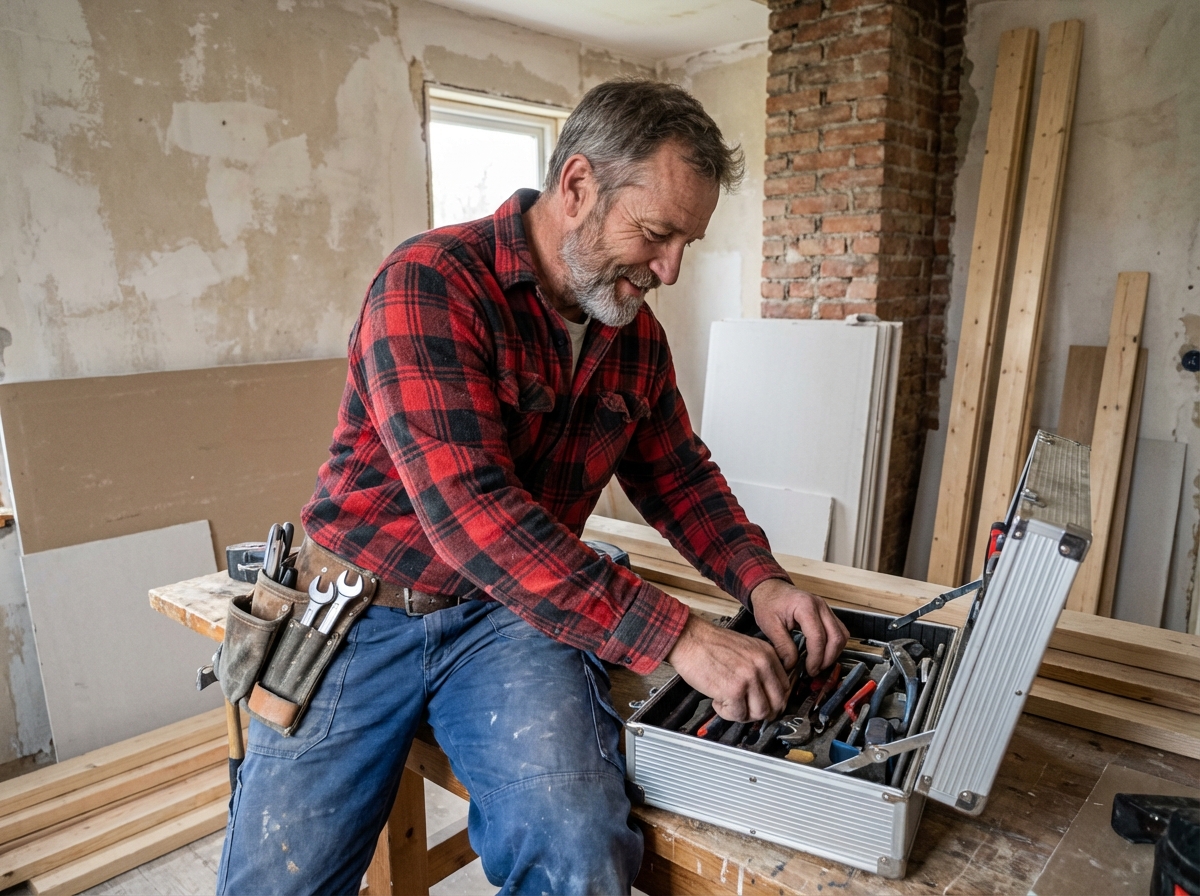 Ouvrier du bâtiment organisant ses outils dans un atelier