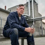 Ouvrier fatigué en pause devant une usine industrielle, témoignant de la réalité du travail en 5x8