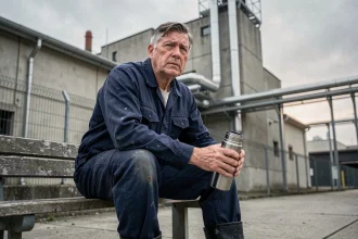 Ouvrier fatigué en pause devant une usine industrielle, témoignant de la réalité du travail en 5x8
