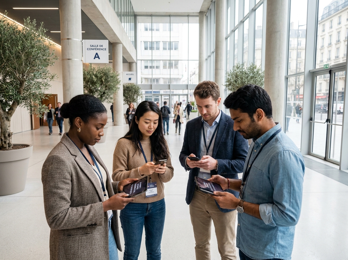 Groupe de participants consultant le sous-titrage en direct sur tablette et smartphone dans un hall de convention moderne