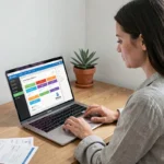 Femme personnalisant le design d'une facture sur un logiciel de comptabilité en ligne depuis son bureau à domicile