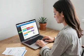 Femme personnalisant le design d'une facture sur un logiciel de comptabilité en ligne depuis son bureau à domicile