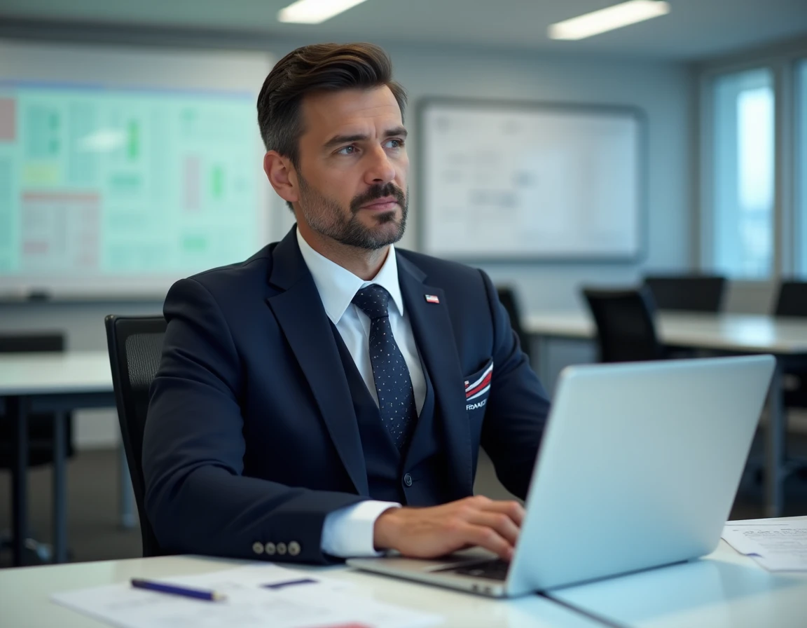 Personnel navigant masculin Air France consultant son planning intralignes dans une salle de briefing équipage