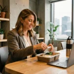 Employée ouvrant un repas livré au bureau dans une salle de pause moderne, illustrant le portage de repas comme avantage QVT en entreprise
