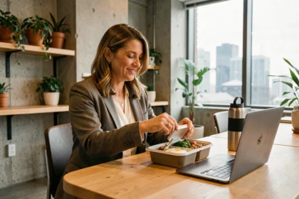 Employée ouvrant un repas livré au bureau dans une salle de pause moderne, illustrant le portage de repas comme avantage QVT en entreprise