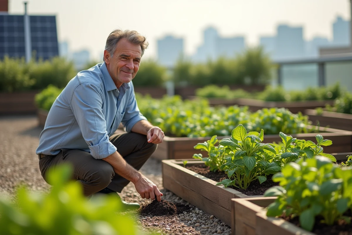 Employé entretenant un potager urbain sur le toit d'une entreprise engagée dans une démarche RSE responsable