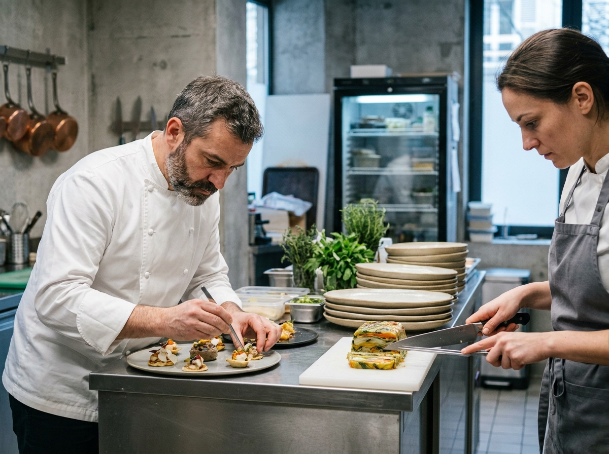 Chef traiteur préparant des amuse-bouches dans les coulisses d'un événement professionnel en Île-de-France