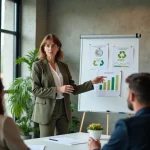 Femme manager présentant un plan d'action RSE à une équipe en salle de réunion moderne avec données de développement durable