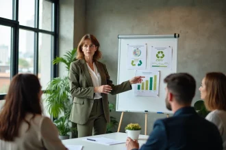 Femme manager présentant un plan d'action RSE à une équipe en salle de réunion moderne avec données de développement durable