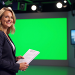 Présentatrice météo souriante dans un studio moderne avec écrans