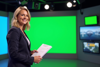 Présentatrice météo souriante dans un studio moderne avec écrans
