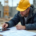 Professionnel du BTP consultant un devis de chantier sur tablette et plans imprimés sur un chantier de construction actif