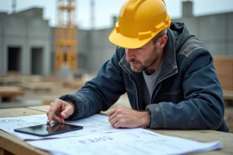 Professionnel du BTP consultant un devis de chantier sur tablette et plans imprimés sur un chantier de construction actif