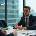 Professionnel en bureau moderne avec documents et ordinateur