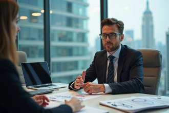 Professionnel en bureau moderne avec documents et ordinateur