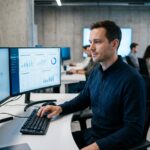 Professionnel IT reprenant le contrôle d'un système automatisé sur un poste de travail à double écran dans un bureau moderne