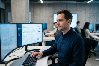 Professionnel IT reprenant le contrôle d'un système automatisé sur un poste de travail à double écran dans un bureau moderne