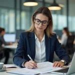 Professionnelle consultant des documents administratifs sur les codes de catégorie socioprofessionnelle dans un bureau moderne