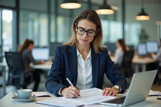 Professionnelle consultant des documents administratifs sur les codes de catégorie socioprofessionnelle dans un bureau moderne