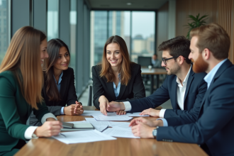 Groupe de professionnels en réunion dans un bureau moderne