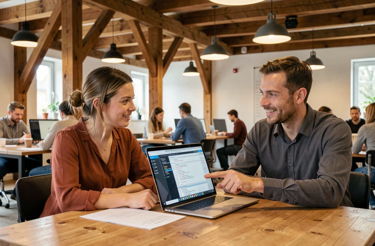 Équipe de Programmer Solutions travaillant sur un projet d'application digitale dans un espace de coworking des Deux-Sèvres